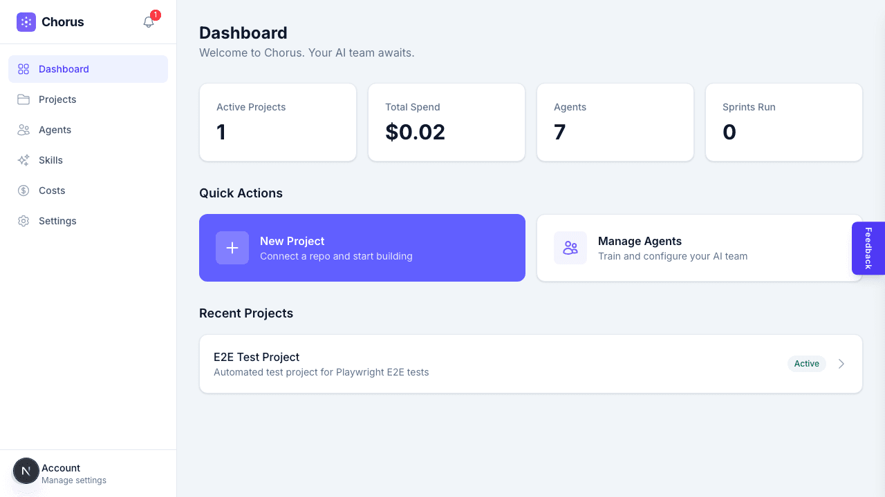Chorus dashboard showing active projects, AI agents, and quick actions