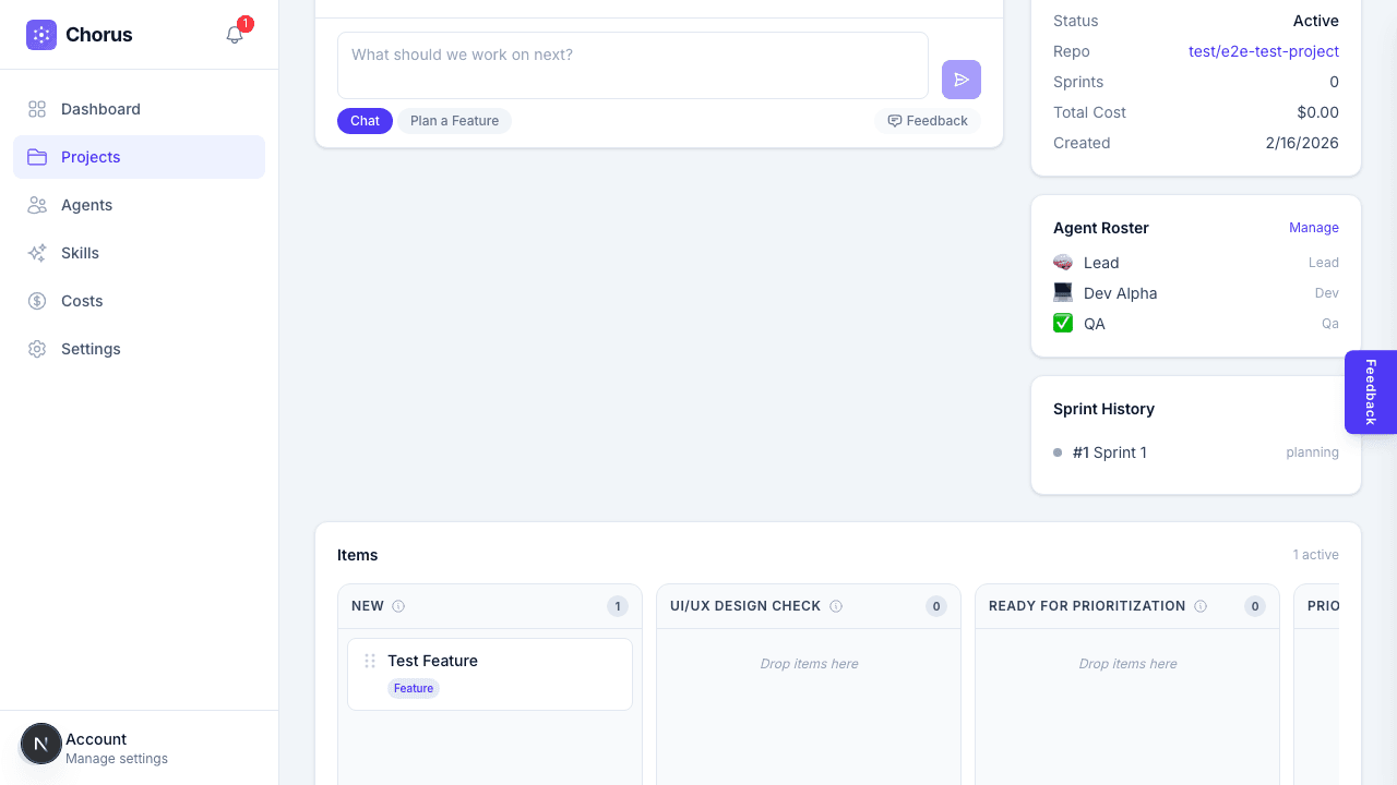 Project detail view with chat interface, agent roster, and kanban board